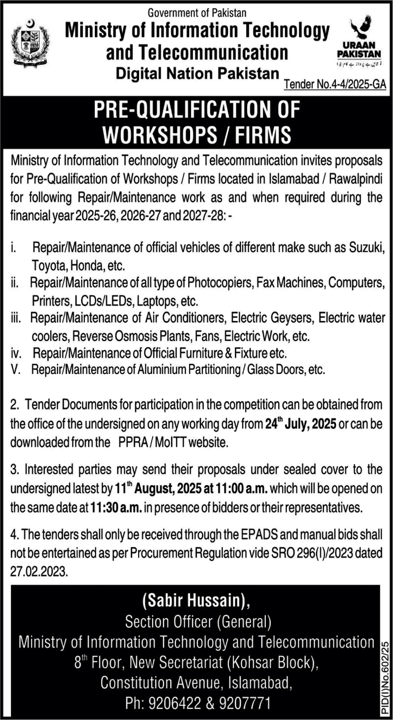 Ministry of Information Technology & Telecommunication Islamabad Tender Notice